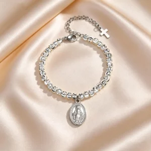Virgin Mary Tricolor Bead Rosary Bracelet, Stainless Steel - Image 7