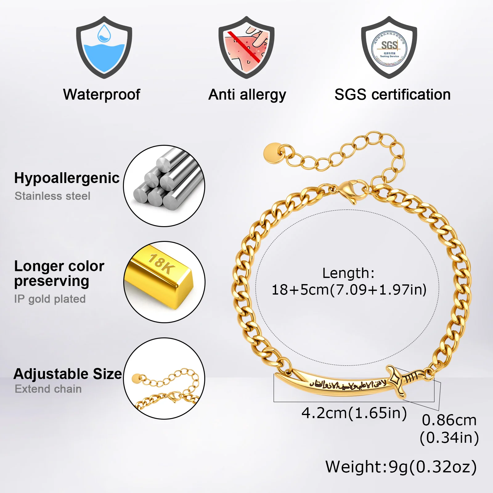 Vnox Zulfiqar Sword Stainless Steel Bracelet, Arabic Calligraphy - Image 5