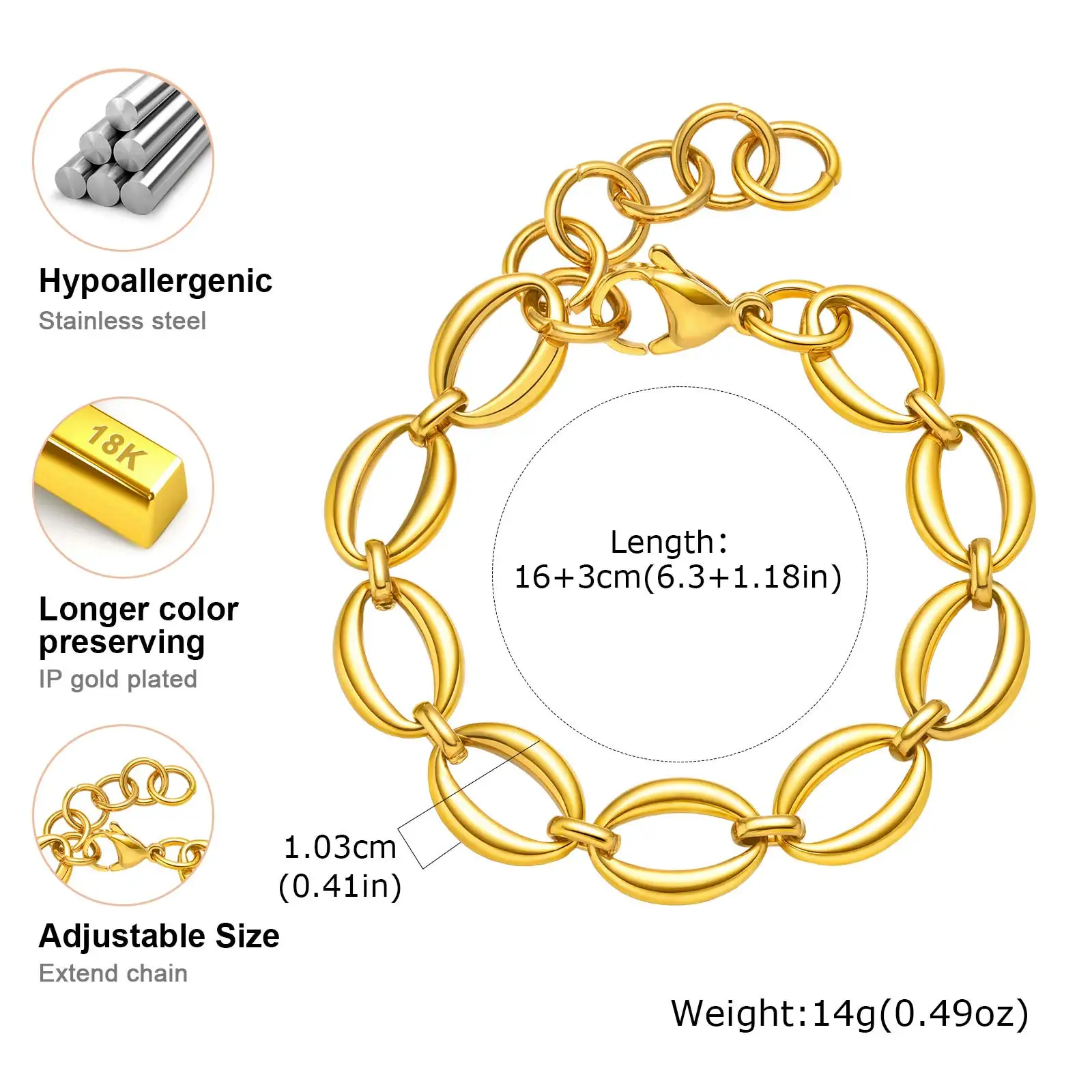 Waterproof Gold Plated Chunky Oval Chain Bracelet - Image 5