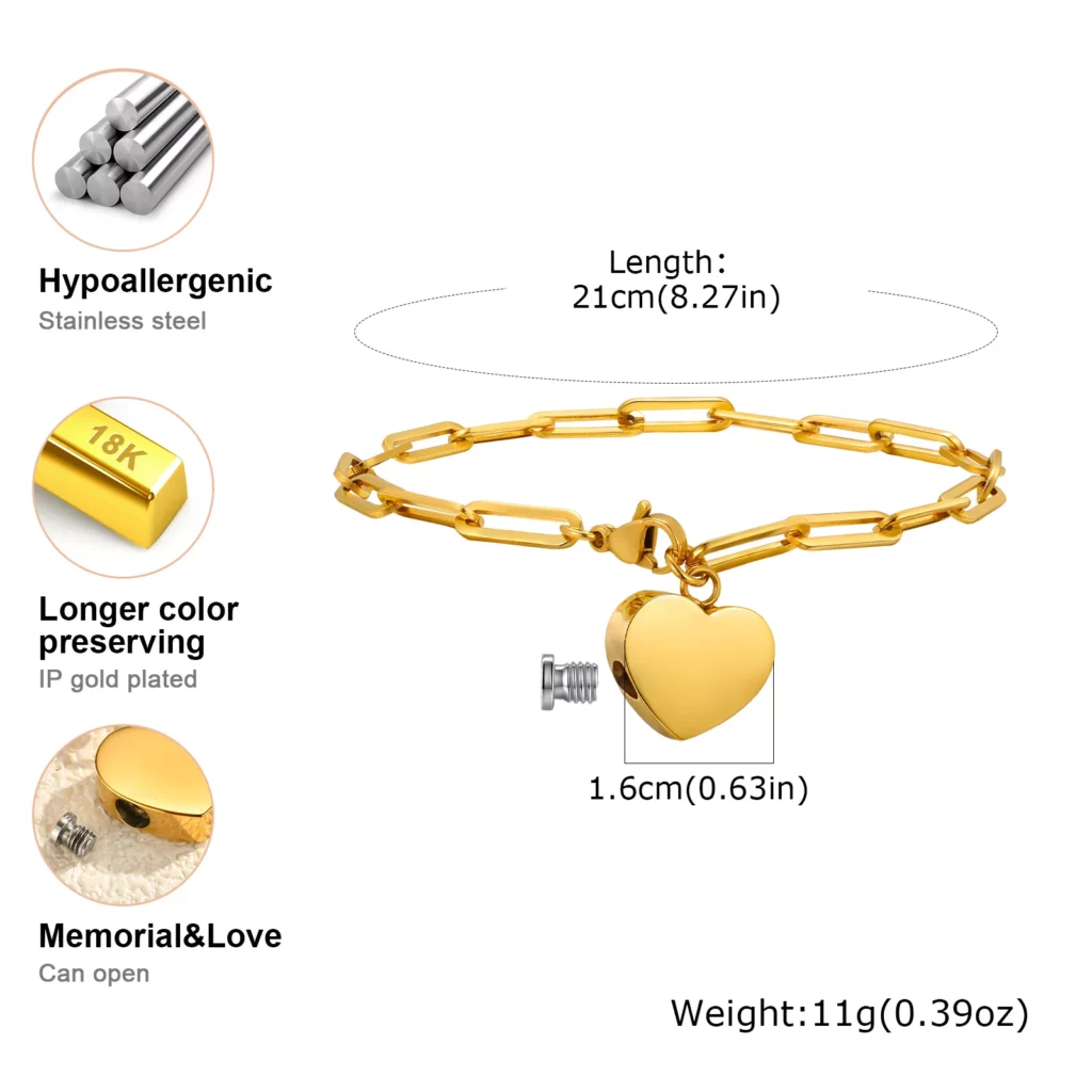 Heart-shaped Urn Bracelet for Cremation Ashes, Stainless Steel