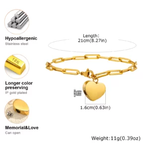 Heart-shaped Urn Bracelet for Cremation Ashes, Stainless Steel - Image 6