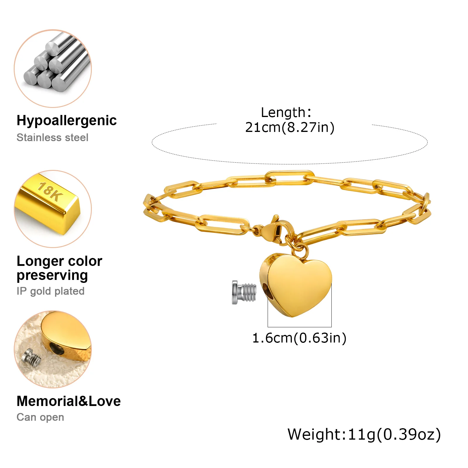Heart-shaped Urn Bracelet for Cremation Ashes, Stainless Steel - Image 6