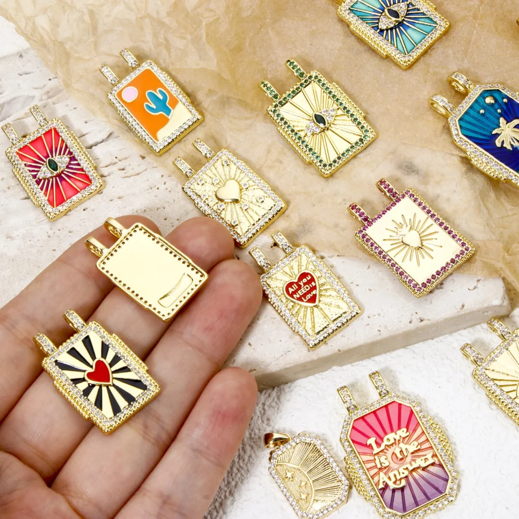 Brass Turkish Evil Eye Charm, Gold Plated Rectangle PendantBrass