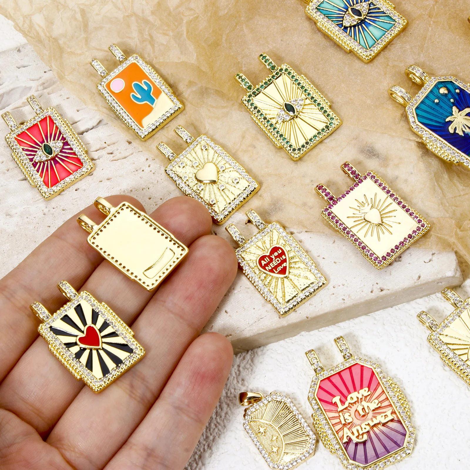 Brass Turkish Evil Eye Charm, Gold Plated Rectangle PendantBrass - Image 3