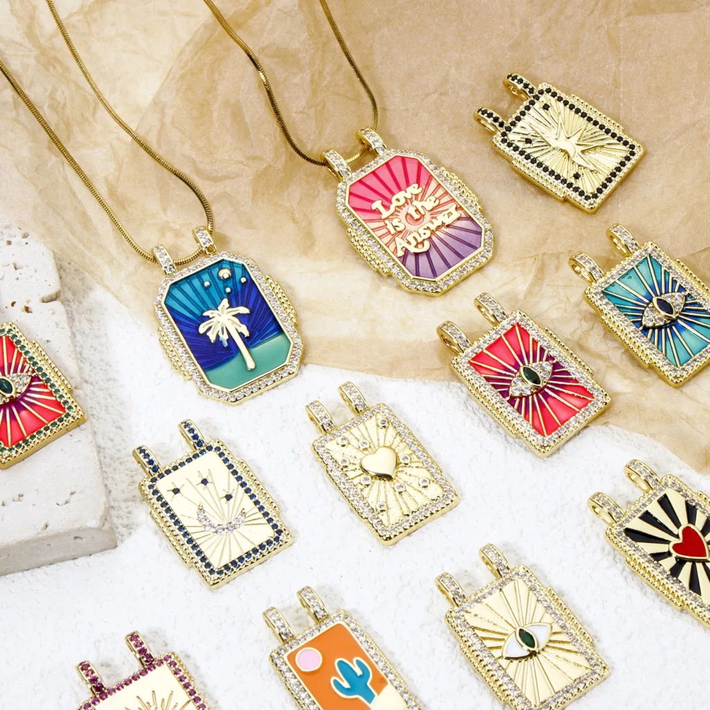 Brass Turkish Evil Eye Charm, Gold Plated Rectangle PendantBrass