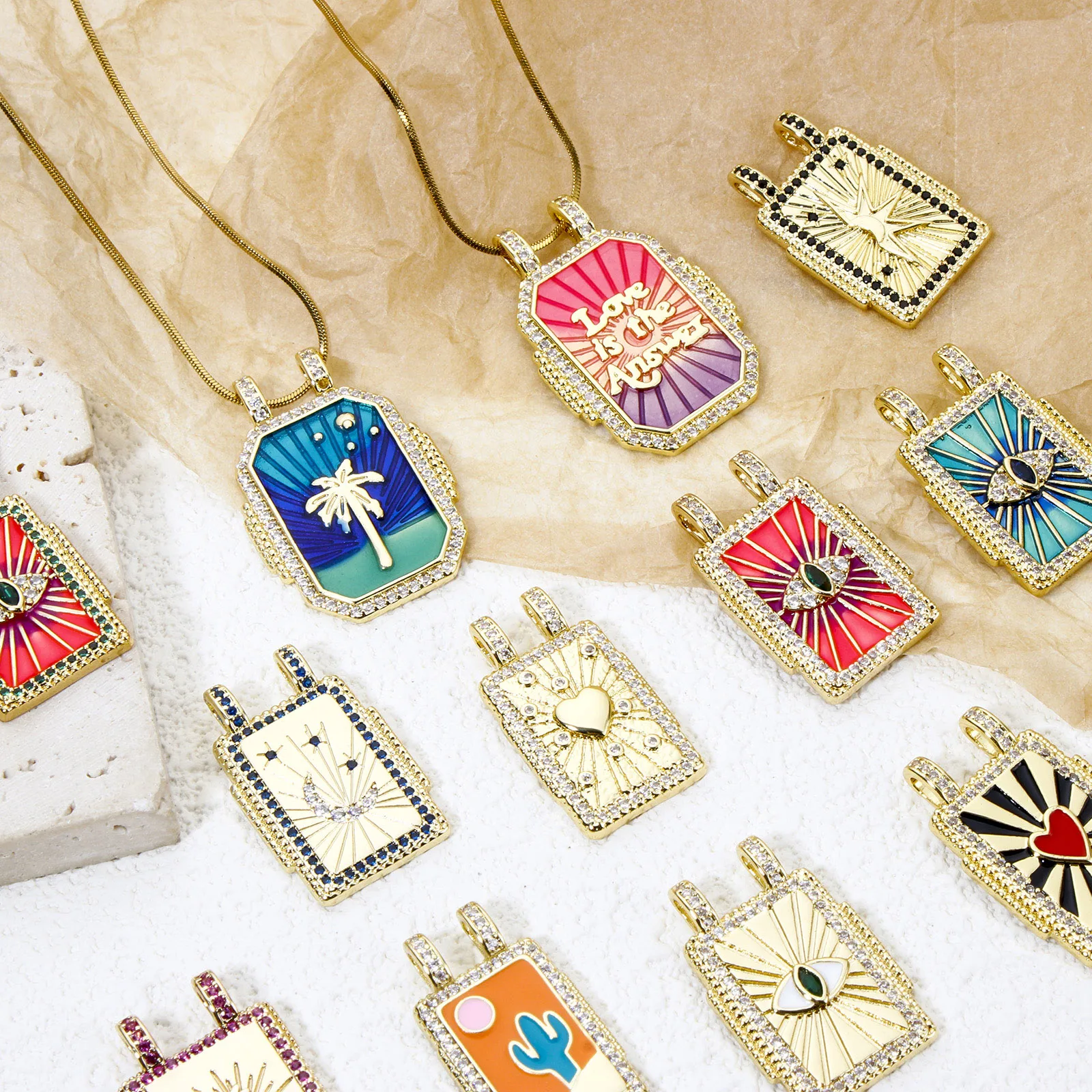 Brass Turkish Evil Eye Charm, Gold Plated Rectangle PendantBrass - Image 4