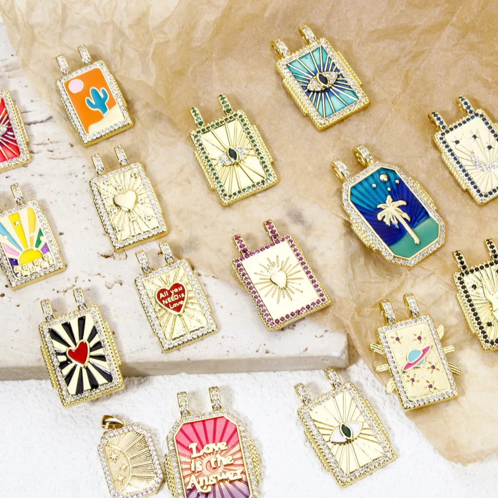 Brass Turkish Evil Eye Charm, Gold Plated Rectangle PendantBrass