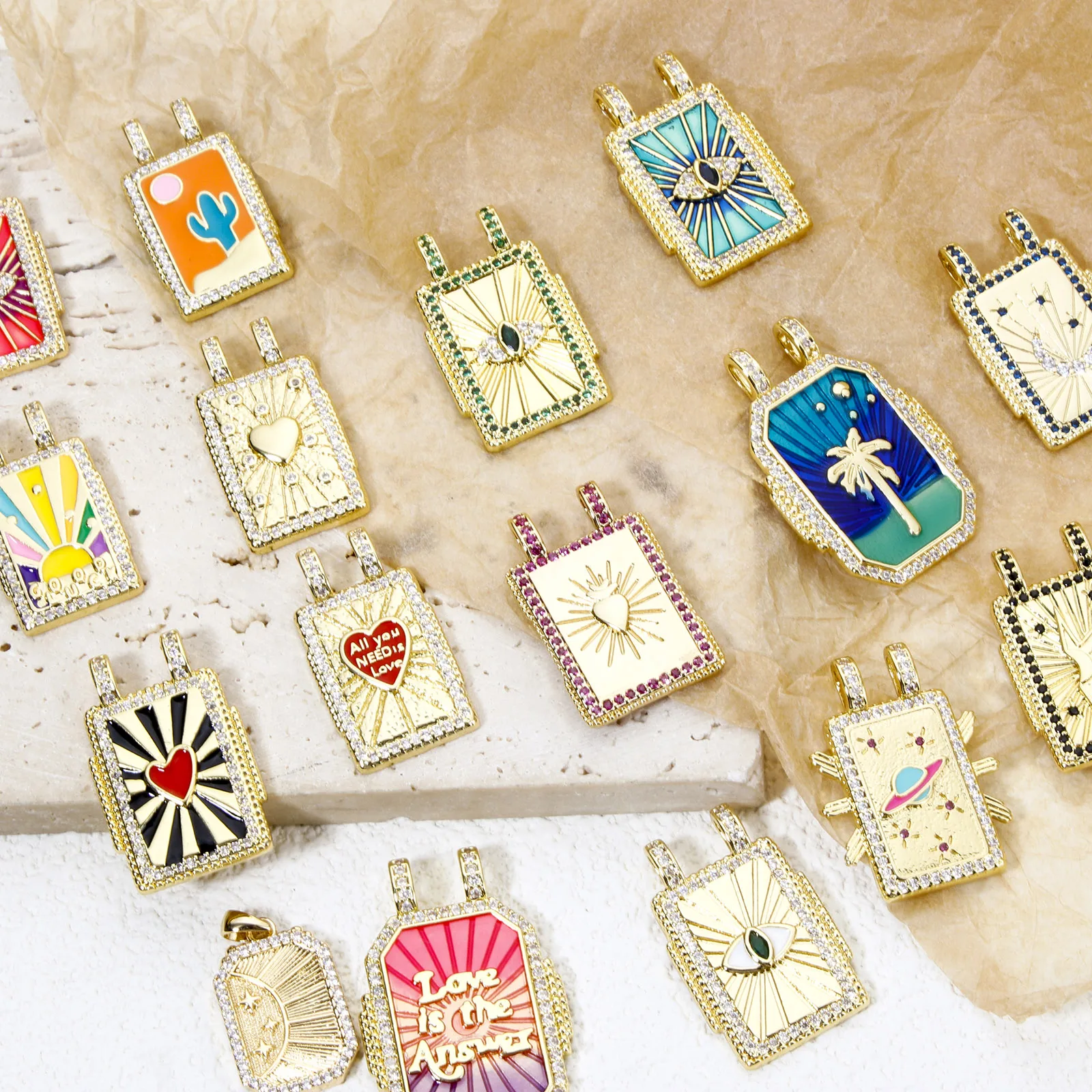 Brass Turkish Evil Eye Charm, Gold Plated Rectangle PendantBrass - Image 6