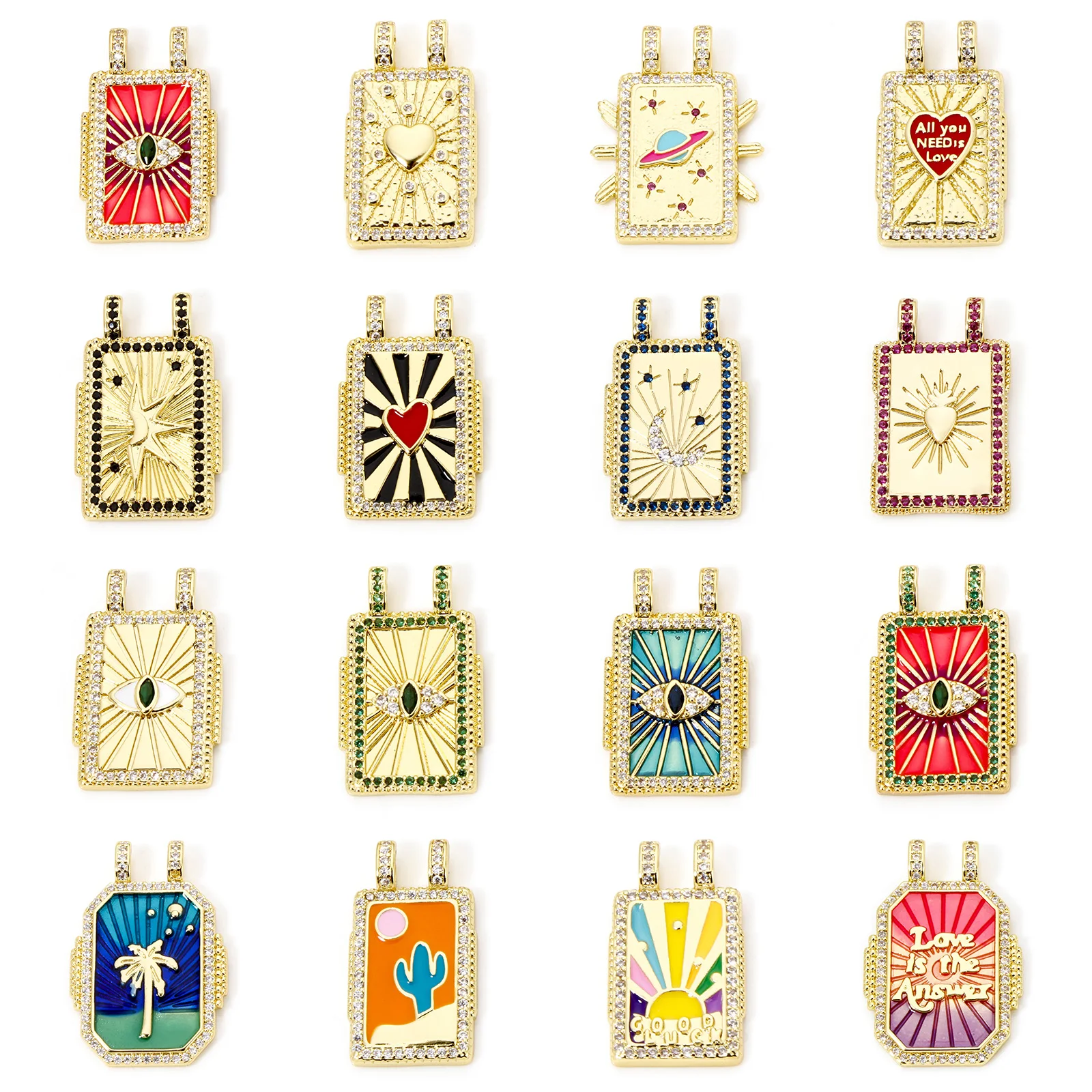 Brass Turkish Evil Eye Charm, Gold Plated Rectangle PendantBrass - Image 1