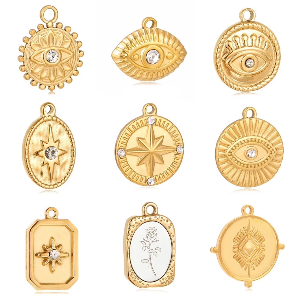 Stainless Steel Evil Eye Charm, Gold Plated, 3 PiecesStainless