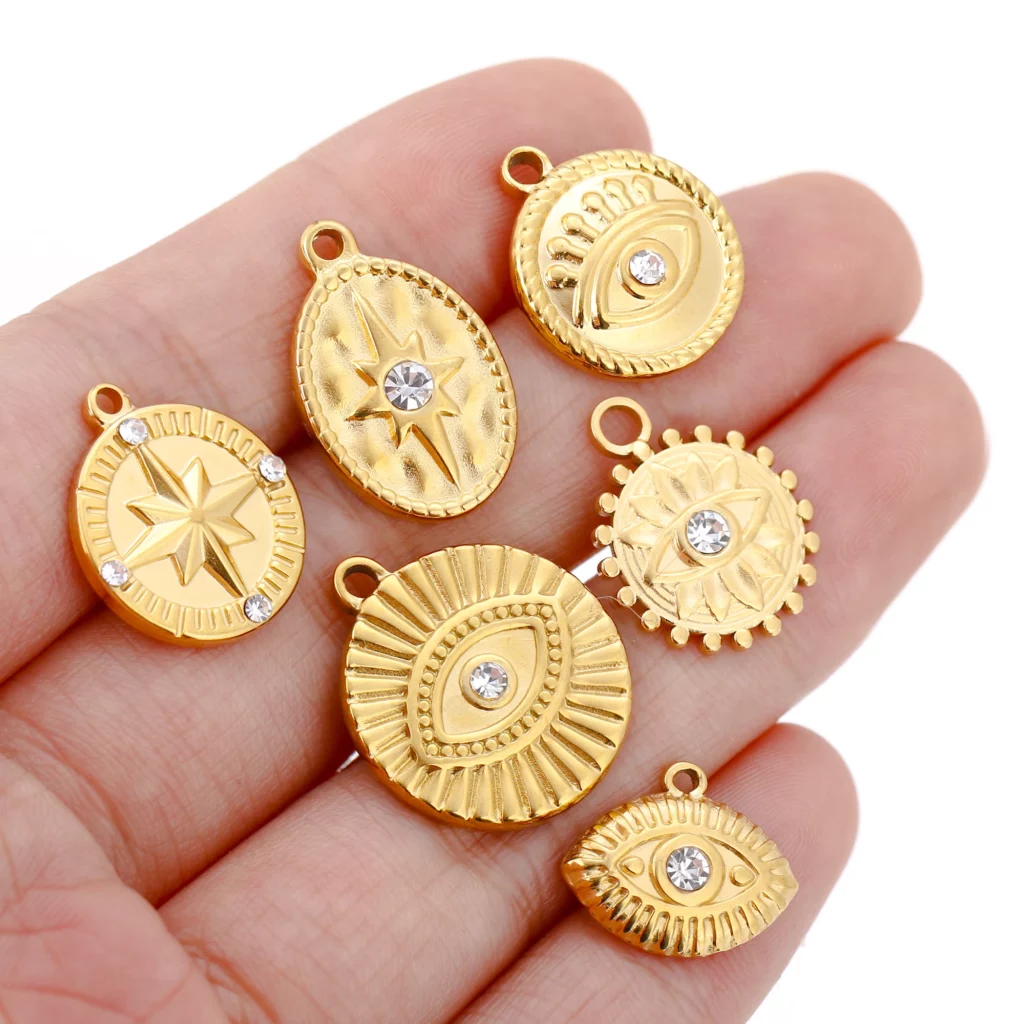 Stainless Steel Evil Eye Charm, Gold Plated, 3 PiecesStainless