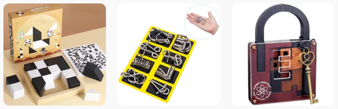 Brain teaser games: black and white pattern blocks, metal wire puzzles and a wooden padlock puzzle