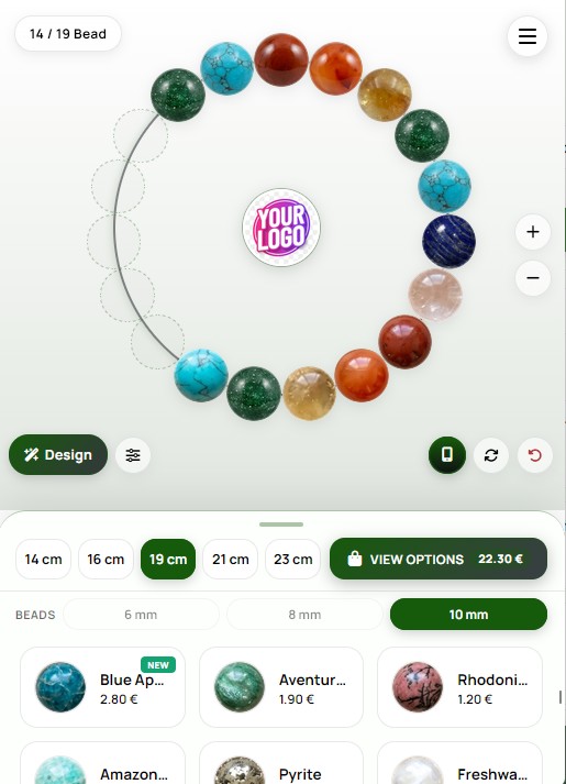Custom bracelet builder on a phone showing a half-built crystal bracelet with real stone beads