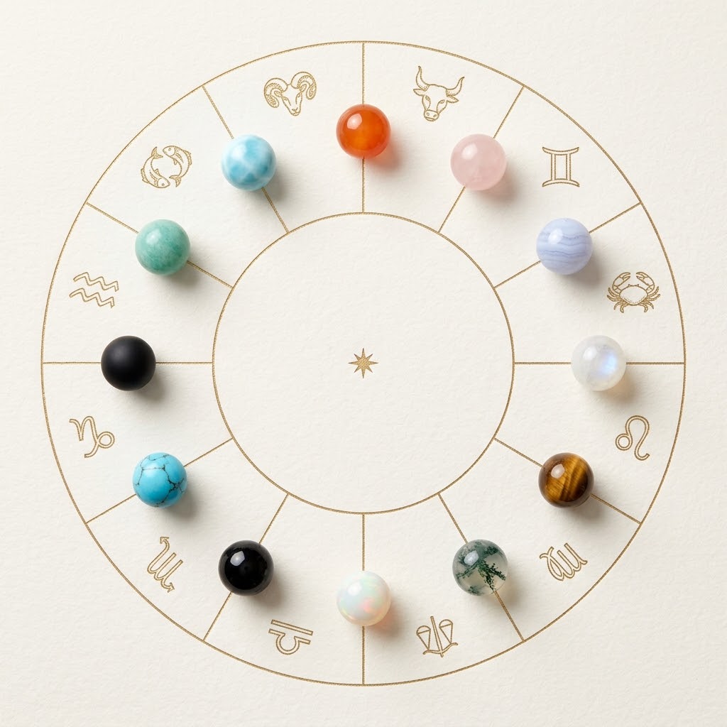 eleganten zodiak krog narisan s tanko zlato linijo na topli krem obarvani teksturirani papir, razdeljen na 12 enakih segmentov. V vsakem segmentu majhen graviran simbol zodiaka blizu zunanjega roba in takoj pred njim, proti središču, ena polirana okrogla naravna biserka iz dragega kamna, 10 mm